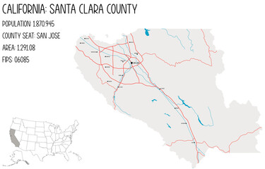Large and detailed map of Santa Clara County in California, USA.
