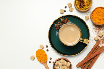 Masala tea and spices on white background, space for text