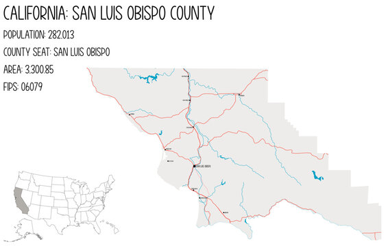 Large and detailed map of San Luis Obispo County in California, USA.