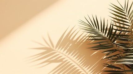 Beige background with shadow and palm leaves - obrazy, fototapety, plakaty