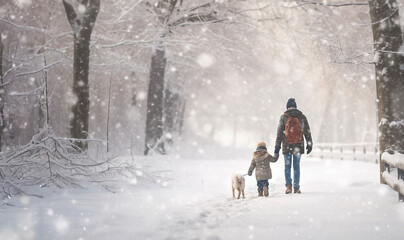Father and child walking in magical landscape with snow fall. Happy family having fun outdoor in winter forest under snowflakes. Magic snowfall. Christmas and New Year illustration