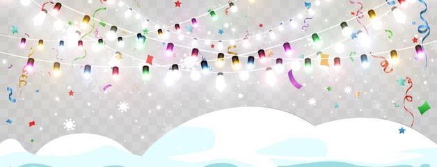 
Illustration of a light garland on a snowy background with falling confetti.
