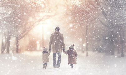 Father and child walking in magical landscape with snow fall. Happy family having fun outdoor in winter forest under snowflakes. Magic snowfall. Christmas and New Year illustration