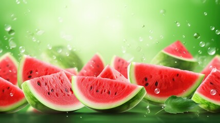 Fresh sliced watermelon pieces background with free place for text. Summer tropical banner