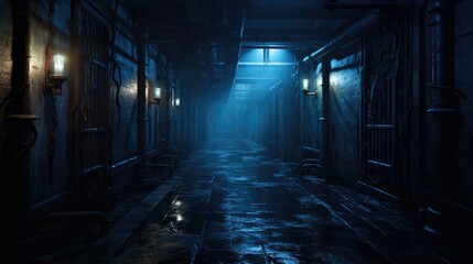 background of creepy interior hallway or tunnel of an abandoned building, concept art, digital illustration, haunted house, scary interior - obrazy, fototapety, plakaty