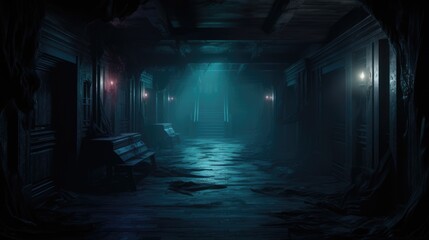 background of creepy interior hallway or tunnel of an abandoned building, concept art, digital illustration, haunted house, scary interior