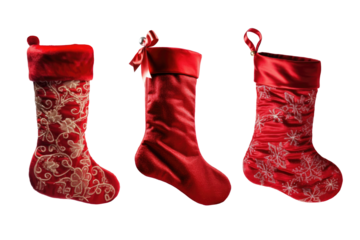 Set of Christmas red stocking isolated on transparent background. Generative Ai