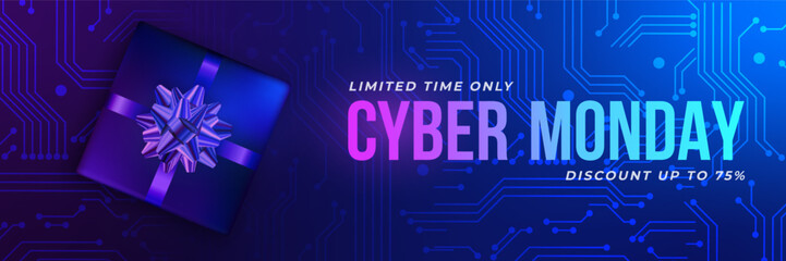 Cyber monday banner with realistic Gift Box and foil bow. Sale design on tech blue circuit board background.