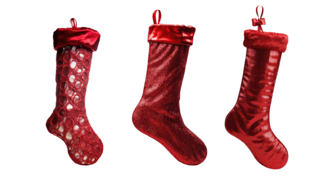 Set of Christmas red stocking isolated on transparent background. Generative Ai