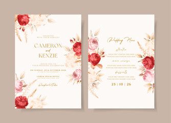 set of wedding invitation card template with dry rose flowers and leaves decoration