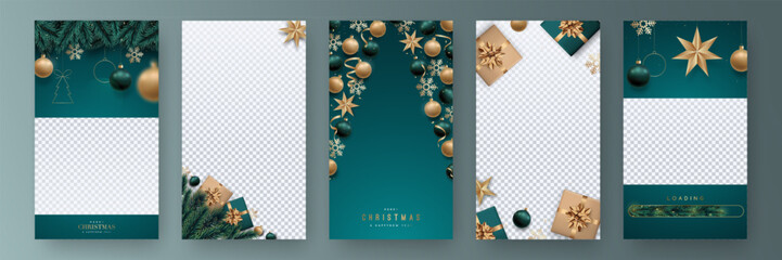 Editable Christmas set Stories template. Green and gold color palette. Design for social networks. - 659415930