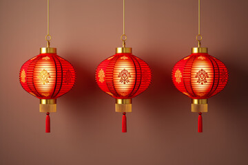 Red Chinese New Year lanterns hanging isolated on a gradient background 
