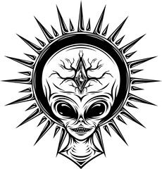 Stylized alien head with stone ink style. Tattoo, Halloween design and decor element. Highly detailed and accurate lines for print or engraving