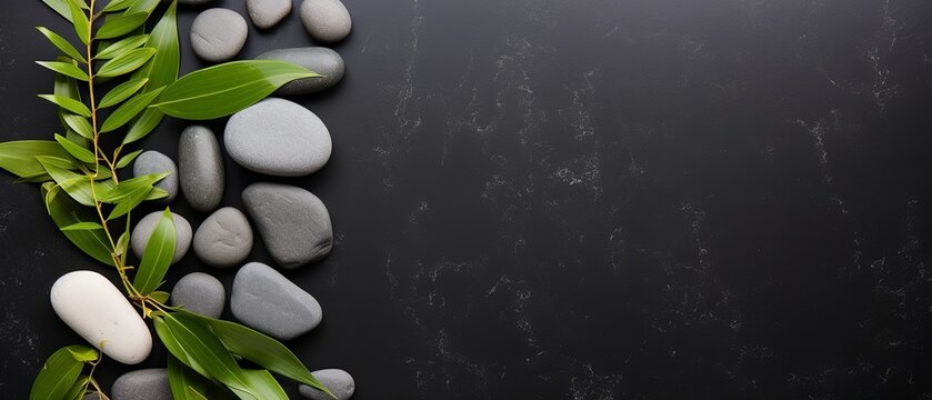 A serene flat lay presenting hot stones and bamboo, exuding a calming and peaceful ambiance, with a considerate amount of empty space for versatile use in wellness and spa contexts.