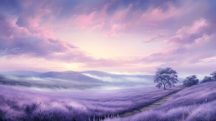  a painting of a lavender field with a tree in the distance.  generative ai