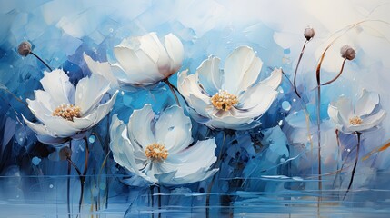  a painting of white flowers on a blue and white background.  generative ai