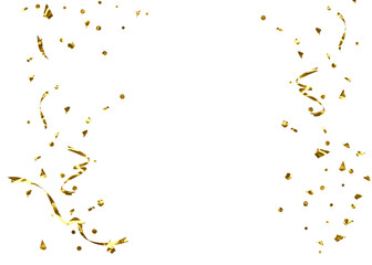 Gold color confetti falling down, PNG. Gold border png. Gold Foil Frame on transparent background. design element for posters, flyer, invitation, Christmas birthday decoration