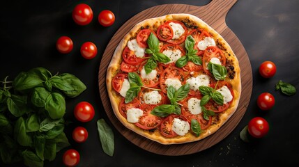  a pizza with tomatoes, mozzarella and basil on a cutting board.  generative ai