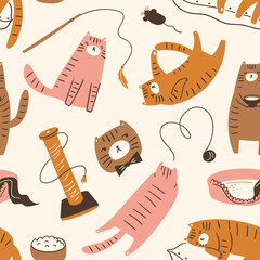 seamless pattern with cats. Vector cute kids seamless pattern in hand-drawn style. Funny pet design. - 659417545