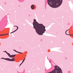 Vector mystical seamless pattern with girls in cosmos. Magic female fabric design. Esoteric concept. Simple and stylish hand-drawn illustration. Repeated background in pink colors.