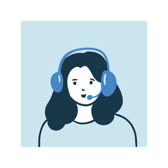 Young woman with headphone and microphone. Call center operator. Online training. Call the zoom. Vector illustration.