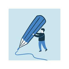 A little man draws a line with a large pencil. Vector illustration in hand-drawn style. Office or education concept. Business icon.