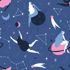 Vector mystical seamless pattern with girls in cosmos.  Perfect for bedding design. Repeated background in blue colors. Magic female fabric design. Esoteric concept. 