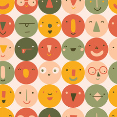 Colorful emotions seamless pattern. Funny colorful faces repeat texture. Ideal for kids fabric and nursery wallpaper. vector illustration characters.