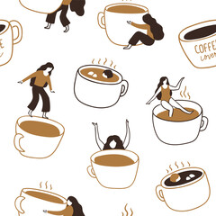 Coffee lovers. Vector seamless pattern in hand-drawn style. Stylish and trendy coffee time repeat background for fabric design. Coffee texture.