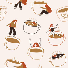 Coffee lovers. Vector seamless pattern in hand-drawn style. Stylish and trendy coffee time repeat background for fabric design. Coffee texture.