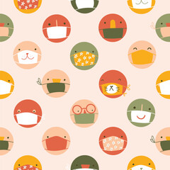 Vector colorful masked faces. Funny seamless pattern. Geometrical repeated background. Virus and protective equipment concept. 