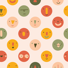 Colorful emotions seamless pattern. Funny colorful faces repeat texture. Ideal for kids fabric and nursery wallpaper. Vector illustration characters. Polka dots baby fabric design.