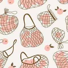 String bags and apples. Vector seamless pattern. Cute hand-drawn eco packaging and zero waste concept.