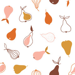 Stylish pear seamless pattern in Scandinavian style. Vector fruit illustration. Natural seamless texture. Abstract baby fabric design.