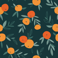Fruit seamless pattern in neutral pastel colors. Vector hand-drawn orange repeat background. Tropical garden print design. - 659417592
