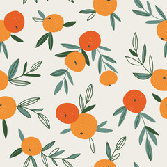 Fruit seamless pattern in neutral pastel colors. Vector hand-drawn orange repeat background. Tropical garden print design. - 659417598