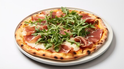  a small pizza topped with prosciutto and arugula.  generative ai