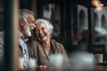 Cheerful old couple sitting at a cafe. Senior man and woman sitting at a restaurant table and smiling - obrazy, fototapety, plakaty