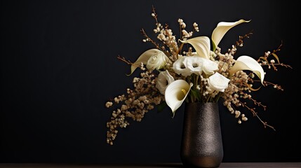  a black vase with white flowers on a wooden table with a black background.  generative ai