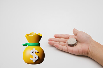 child hand putting coin into piggy bank or dollar bag from the top view isolated on white background, bsuiness saving concept. Copy space for your text