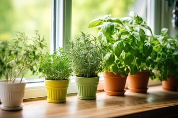 Different aromatic potted herbs, basil, thyme, rosemary. Spring eco organic garden on wooden windowsill at home. Close up.
