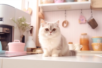 Close up of a domestic cat sitting in the kitchen. Cat relax at home. Soft pastel colors image