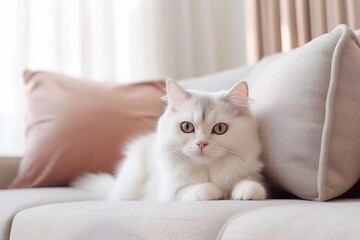 Close up of domestic cat lying on the sofa in the livingroom. Cat relax on the bed at home. Soft pastel colors image