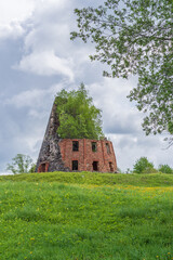 Fototapeta premium Abandoned ruins of old red brick stone windmill on the hill in the green meadow on cloudy spring day. Trees growing in the ruins