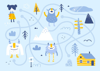 Mini winter labyrinth game with cute baby searching for home and yeti. Nordic doodle vector maze for kids.