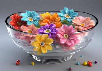 Floral Arrangement in a Bowl, 
Blooms Displayed in a Decorative Bowl, 
Colorful Flowers Arranged in a Bowl