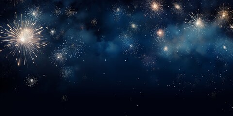 Fototapeta na wymiar A captivating flat lay of vibrant fireworks bursting and illuminating the night sky, symbolizing new beginnings and the joyous celebration of the New Year.