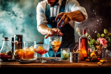 A man is standing in a bar, pouring a liquid from a bottle into a glass. Young bartender on the workplace. Shelves with bottles of alcohol in the background - obrazy, fototapety, plakaty