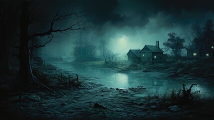creepy and spooky fantasy village, concept illustration, abstract art