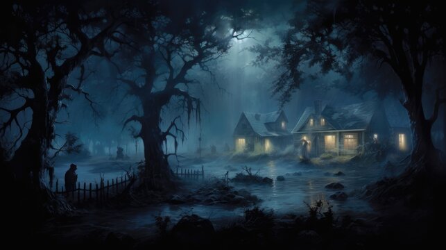 creepy and spooky fantasy village, concept illustration, abstract art